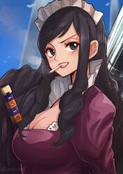Rule 34 | 1girl, aosora2823, baby 5, black eyes, black hair, blue sky, blush, breasts, cigarette, cleavage, dress, floating hair, frilled dress, frills, highres, long hair, looking to the side, maid, one piece, sky, smile, smoke, smoke trail, smoking, solo, sword, twitter username, weapon