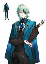 1boy anaxa_(honkai:_star_rail) aqua_hair black_pants cowboy_shot earrings eyepatch gloves hair_between_eyes highres honkai:_star_rail honkai_(series) jewelry lirisy long_sleeves looking_at_viewer male_focus medium_hair necktie one_eye_covered pants partially_fingerless_gloves ponytail ring simple_background single_glove solo teeth white_background