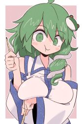 1girl :t ahoge arm_under_breasts bare_shoulders border breasts closed_mouth collared_shirt commentary_request detached_sleeves eating food frog_hair_ornament green_eyes green_hair hair_ornament highres holding holding_food holding_pocky kochiya_sanae kurachi_mizuki large_breasts looking_at_viewer pocky pocky_day revision shirt short_hair simple_background single_sidelock snake_hair_ornament solo toppo touhou upper_body white_border wide_sleeves