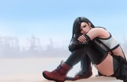 1girl bike_shorts bike_shorts_under_skirt black_hair black_skirt black_sports_bra black_thighhighs boots commentary crop_top crossed_arms earrings english_commentary final_fantasy final_fantasy_vii final_fantasy_vii_remake floating_earring hair_ornament hair_scrunchie highres jewelry knees_to_chest lips long_hair long_legs looking_at_viewer low-tied_long_hair photo-referenced red_boots red_eyes red_scrunchie scrunchie shibai_haruka shirt sitting skirt solo sports_bra spykeee square_enix swept_bangs thighhighs tifa_lockhart very_long_hair watermark white_shirt