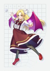 Rule 34 | 1girl, bat wings, black pantyhose, blonde hair, bow, character name, corrupted twitter file, dress, frills, grid, guumin, hair bow, highres, kurumi (touhou), long hair, long sleeves, lotus land story, pantyhose, purple wings, red footwear, ribbon, shirt, skirt, smile, suspenders, touhou, touhou (pc-98), warped, wings, yellow eyes