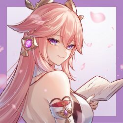 Rule 34 | 1girl, absurdres, animal ears, back, bare shoulders, book, border, breasts, closed mouth, commentary request, earrings, fingernails, fox ears, from behind, gem, genshin impact, hair between eyes, hand up, highres, holding, holding book, jewelry, large breasts, long hair, looking at viewer, looking back, outside border, pink hair, purple border, purple eyes, purple gemstone, smile, solo, very long hair, yae miko, yuno kaihara