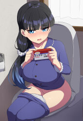 1girl absurdres black_hair blue_eyes blue_pants blue_shirt blunt_bangs breasts buttons clothes_pull commentary commentary_request condom_box curtains english_commentary hair_ornament hair_scrunchie highres holding indoors large_breasts long_hair long_sleeves looking_at_viewer mature_female mixed-language_commentary on_toilet open_mouth original panties pants pants_pull panty_pull sakamata_(sakamata4) scrunchie shirt sitting solo thighs toilet toilet_paper tongue underwear white_panties window