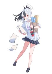 1girl aoore_x64 bag black_hair black_horns blue_archive clothes_writing commentary_request full_body grey_hair grey_shoes grey_skirt highres holding horns hugging_object kayoko_(blue_archive) miniskirt no_wings open_mouth paper paper_bag pleated_skirt ponytail print_shirt shirt shoes short_sleeves simple_background skirt solo standing standing_on_one_leg white_background white_shirt