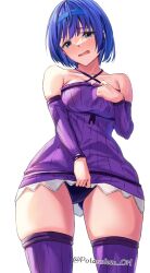 1girl black_panties blue_eyes blue_hair blush breasts cevio clothes_pull collarbone commentary_request cosplay detached_sleeves dress dress_pull embarrassed hairband highres looking_at_viewer medium_breasts open_mouth panties potassium_oh purple_dress purple_thighhighs ribbed_dress ribbed_sleeves ribbed_thighhighs short_hair simple_background solo standing strapless strapless_dress suzuki_tsudumi thighhighs underwear wavy_mouth white_background wide_hips yuzuki_yukari yuzuki_yukari_(cosplay)