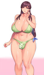 blush breasts brown_hair bulge collarbone covered_erect_nipples curvy futa_without_pussy futanari green_eyes highres huge_breasts jewelry large_breasts mature_female mogiki_hayami mole mole_under_eye nipples original plump ring thick_thighs thighs wedding_ring wide_hips