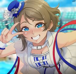 1girl absurdres beginner&#039;s_sailing blue_eyes breasts brown_hair cleavage frills hat highres large_breasts led103 looking_at_viewer love_live! love_live!_sunshine!! peace_symbol ribbon see-through_clothes smile solo stadium teeth v watanabe_you