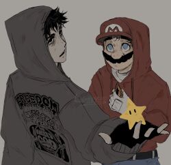 2boys belt black_gloves black_hair blue_eyes cry_of_fear denim facial_hair fingerless_gloves gloves grey_background grey_hoodie hat highres holding holding_star hood hood_up hoodie incoming_gift jeans lisleepyam looking_at_another looking_at_viewer looking_back male_focus mario mario_(series) messy_hair multiple_boys mustache nintendo open_mouth outstretched_hand pants print_hoodie red_hat red_hoodie short_hair simon_henriksson smile star_(symbol) super_mario_bros._1 teeth upper_body upper_teeth_only white_gloves