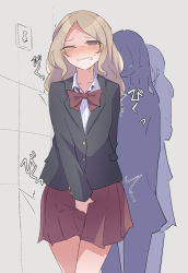 1girl arm_behind_back between_legs black_jacket blonde_hair blush bow bowtie clenched_teeth collarbone collared_shirt cowboy_shot embarrassed female_focus flat_chest grey_background half-closed_eye hand_between_legs have_to_pee highres indoors jacket long_hair long_sleeves miniskirt nose_blush one_eye_closed original parted_bangs people pleated_skirt pocket purple_eyes queue red_bow red_bowtie red_skirt school_uniform shirt sidelocks sign skirt solo_focus standing teeth thighs tile_wall tiles trembling watakarashi white_shirt wince