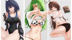 3girls ahoge animal_print arms_at_sides arms_up ass back bandages bare_legs barefoot bikini black_bikini blue_eyes blue_hair blush braid branch breasts brown_eyes brown_hair ceres_fauna cleavage clothes_lift commentary cow_print cow_print_bikini earrings english_commentary eyelashes friend_(nanashi_mumei) from_behind green_hair grey_background hair_between_eyes hair_branch hair_intakes highres hololive hololive_english jacket jewelry knee_up large_breasts long_hair looking_back messy_hair mole mole_under_eye multicolored_hair multiple_girls nanashi_mumei navel one-piece_swimsuit ouro_kronii parted_lips print_bikini removing_jacket rynn_020 see-through_clothes see-through_shirt shirt shirt_lift sidelocks sitting stomach streaked_hair summer sweat swimsuit t-shirt thick_thighs thighs upper_body very_long_hair virtual_youtuber wet wet_clothes wet_hair wet_shirt yellow_eyes