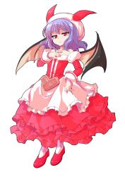 1girl bare_shoulders bat_wings closed_mouth commentary_request commission dairi detached_sleeves dress frilled_dress frills full_body fur-trimmed_sleeves fur_trim hand_on_own_chest hat large_variant_set looking_at_viewer purple_hair red_dress red_eyes red_shoes red_sleeves remilia_scarlet shoes short_hair skeb_commission solo standing strapless strapless_dress tachi-e tears touhou transparent_background variant_set white_hat wings