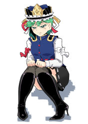 1girl black_shoes black_skirt blush boots bright_pupils closed_mouth commentary epaulettes frilled_hat frills full_body green_eyes green_hair hat high_heel_boots high_heels highres long_sleeves miniskirt ribbon-trimmed_skirt ribbon_trim sakamoto_fred shiki_eiki shoes short_hair simple_background sitting skirt solo symbol-only_commentary touhou white_background white_pupils