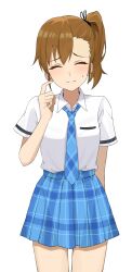 1girl absurdres arm_behind_back asymmetrical_bangs blue_necktie blue_skirt breast_pocket breasts brown_hair closed_eyes closed_mouth collar collared_shirt cowboy_shot dot_nose eyelashes forehead futami_mami hair_tie hand_up highres idolmaster idolmaster_(classic) idolmaster_million_live! idolmaster_million_live!_theater_days light_blush long_hair loose_necktie necktie official_alternate_costume plaid_clothes plaid_skirt pleated_skirt pocket school_uniform shirt short_sleeves side_ponytail skirt small_breasts solo standing sweat white_collar yaki_tai