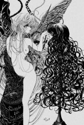 Rule 34 | 2girls, ahoge, angel wings, asymmetrical wings, aya carmine, body horror, breasts, commentary request, eye contact, female pubic hair, flower wings, for elise - elise no tame ni, greyscale, highres, light smile, long hair, looking at another, mismatched wings, monochrome, multiple girls, nipples, nude, plant wings, pubic hair, sayonara wo oshiete, severed head, small breasts, sugamo mutsuki, tendril, traditional media, very long hair, wavy hair, wings