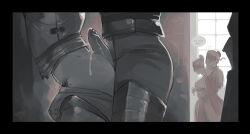 2boys 2girls against_wall anal armor bara blush buttjob clothed_sex couple cum cum_in_clothes cum_on_ass cum_on_body cum_through_clothes cumdrip douglas_(lumen) embarrassed english_text faceless faceless_female feet_out_of_frame from_side full-face_blush head_out_of_frame humping imminent_anal imminent_penetration lumen_(churchofpossum) male_focus male_penetrated male_pubic_hair multiple_boys multiple_girls navel_hair original perspective pubic_hair sex willow_(lumen) yaoi