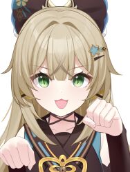 1girl :3 absurdres bare_shoulders black_gloves blonde_hair blush commentary_request detached_sleeves elbow_gloves genshin_impact gloves green_eyes hair_intakes hair_ornament hairclip highres kirara_(genshin_impact) long_hair looking_at_viewer paw_pose simple_background solo upper_body white_background wlswlp