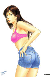 00s 1girl 2000 absurdres artist_name ass bra breasts brown_eyes brown_hair cowboy_shot denim denim_shorts family_compo female_focus hand_on_own_hip highres hip_focus houjou_tsukasa leaning_forward lingerie long_hair looking_at_viewer looking_back medium_breasts official_art page_number parted_lips pink_bra short_shorts shorts simple_background solo standing underwear wakanae_shion white_background