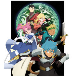 2girls 3boys :d armor belt black_gloves black_hair blonde_hair blue_eyes blue_hair cape closed_eyes coat dorne_murtough dress gloves hair_ribbon headband high_ponytail ilia_silvestri jewelry long_hair messy_hair millie_chliette multiple_boys multiple_girls necklace official_art open_mouth pants parted_bangs pink_eyes pink_hair planet pointy_ears ponytail ribbon roddick_farrence ronyx_j._kenny serious smile space star_ocean star_ocean_first_departure sword tail uniform wand weapon white_gloves yellow_eyes