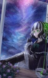 1girl black_boots black_capelet black_dress black_gloves black_hair black_pantyhose boots bow capelet closed_mouth commentary_request commission dated dress flower frilled_dress frilled_sleeves frills gloves green_bow green_eyes highres hood hood_down hooded_capelet indoors intravenous_drip iv_stand knees_up kobutanori lace-up_boots long_sleeves multicolored_hair night night_sky original pantyhose purple_flower signature sitting sky solo star_(sky) starry_sky two-tone_hair white_hair wide_sleeves window