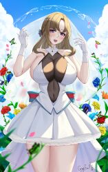 1girl absurdres blue_sky breasts bridal_veil bride cowboy_shot dress gloves grayfoxpochi highres large_breasts long_hair looking_at_viewer oosuki_mamako open_mouth sky solo veil wedding_dress white_dress white_gloves