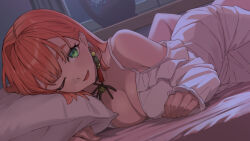 1girl bed bell blush breasts commission dress earrings eyelashes green_eyes indie_virtual_youtuber jewelry jingle_bell kano_yukito large_breasts long_sleeves looking_at_viewer lying mi2mi2_minmi mole mole_under_mouth on_bed one_eye_closed pillow pink_hair skeb_commission solo virtual_youtuber white_dress