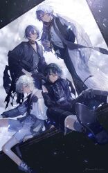 Rule 34 | 4boys, alternate costume, ankle boots, black hair, blue eyes, blue hair, boots, bow, bowtie, buttons, center frills, choker, cropped shirt, crossed bangs, demon tail, demon wings, dytica (nijisanji), expressionless, frills, green eyes, green hair, grey hair, hair between eyes, heterochromia, highres, hoshirube sho, inami rai, jacket, koyanagi rou, long hair, looking at viewer, loose socks, male focus, maruko inari, multicolored hair, multiple boys, murakumo kagetsu, nijisanji, off shoulder, purple eyes, purple hair, shirt, short hair, shorts, sitting, sleeveless, sleeveless shirt, smile, socks, standing, streaked hair, tail, two-tone hair, veil, virtual youtuber, wings