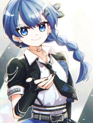 Rule 34 | 1girl, belt, black gloves, black jacket, black necktie, blue hair, braid, choker, closed mouth, collarbone, collared shirt, commentary, elbow gloves, fingerless gloves, gloves, grey background, hair ornament, highres, i do me! (love live!), jacket, kanduki kamibukuro, light particles, link! like! love live!, long hair, love live!, mole, mole on neck, murano sayaka, necktie, o-ring, o-ring choker, official alternate costume, open clothes, open collar, open jacket, outline, shirt, short-sleeved jacket, short sleeves, single braid, smile, solo, split mouth, studded belt, upper body, virtual youtuber, white outline, white shirt, x hair ornament