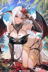 Rule 34 | 1girl, artist name, barefoot, beach, bikini, bilibili logo, bird, black bikini, black bridal gauntlets, black gloves, blush, breasts, bridal gauntlets, cleavage, closed mouth, coconut tree, commentary, criss-cross halter, day, demon wings, elbow gloves, fingerless gloves, flower, glass bottle, gloves, hair flower, hair ornament, halterneck, hand in own hair, head wings, heart, heart o-ring, highres, indie virtual youtuber, large breasts, leaf, long hair, looking at viewer, mu xiaoling, multi-strapped bikini bottom, navel, o-ring, o-ring bikini, o-ring top, ocean, outdoors, palm tree, pixiv id, pixiv logo, pointy ears, red eyes, red flower, red petals, solo, squatting, swimsuit, thigh strap, tree, twitter x logo, very long hair, virtual youtuber, watermark, weibo watermark, white bird, white hair, wings, yuxing yuhang