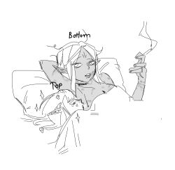 2girls absurdres arm_behind_head bite_mark bite_mark_on_arm bite_mark_on_breast bite_mark_on_neck blanket breasts cigarette cithis cleavage closed_eyes dark-skinned_female dark_skin dungeon_meshi english_text highres holding holding_cigarette kazari_2001 multiple_girls on_bed pattadol under_covers yuri