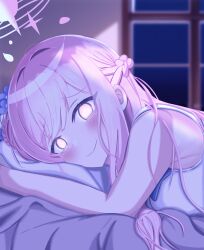 1girl absurdres backlighting bed bed_sheet blue_archive blunt_bangs blush c: commentary_request glowing glowing_eyes hair_bun halo highres long_hair looking_at_viewer lying mika_(blue_archive) moonlight night night_sky hugging_object on_side one_side_up pillow pillow_hug pink_hair school_uniform sidelocks single_side_bun sky sleeveless smile solo tamaki_(tamaki-sh) window yellow_eyes