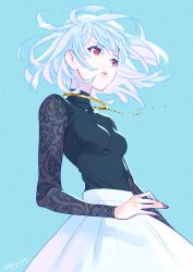 1girl albino_(nishimura_eri) black_shirt blue_background closed_mouth commentary_request cowboy_shot floating_hair jewelry long_sleeves looking_ahead medium_hair necklace nishimura_eri original pink_lips red_eyes red_nails shirt shirt_tucked_in simple_background skirt solo turtleneck white_hair