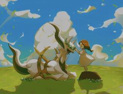 1girl arceus blue_sky brown_hair closed_eyes colored_sclera commentary_request creatures_(company) flower_wreath game_freak gen_4_pokemon green_sclera head_wreath highres horizon korean_commentary legendary_pokemon lole_pokemon long_hair mythical_pokemon nintendo on_grass original pokemon pokemon_(creature) red_eyes rock sitting sky standing tail