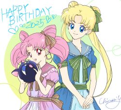 Rule 34 | 2girls, bishoujo senshi sailor moon, blonde hair, blue dress, blue eyes, bow, chibi usa, chimari yn, collar, collarbone, cone hair bun, double bun, dress, earrings, frilled collar, frilled dress, frills, green bow, green sash, hair bun, jewelry, long hair, luna-p, multiple girls, parted bangs, pink dress, pink hair, red eyes, sash, smile, tsukino usagi, twintails, yellow bow, yellow sash