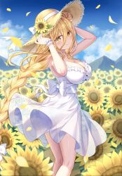 1girl alternate_breast_size bare_arms bare_legs blonde_hair bloom blue_archive braid breasts buttons cleavage cloud cloudy_sky cuffs date_a_live dress field flower flower_field frilled_dress frills hair_between_eyes hat hat_flower highres hoshimiya_mukuro large_breasts legs long_braid long_hair mountain mountainous_horizon necktie panties petals ribbon see-through_clothes see-through_dress single_braid skirt sky sleeveless smile standing straw_hat sundress sunflower sunflower_field thighs tsubasaki twitter_username underwear very_long_hair white_dress white_panties white_ribbon white_skirt white_wrist_cuffs wrist_cuffs yellow_eyes yellow_hat yellow_petals