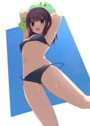 Rule 34 | 1girl, absurdres, angel beats!, armpits, arms up, backlighting, ball, beachball, bikini, black bikini, black hairband, blue background, blunt bangs, blush, bow, breasts, commentary, company connection, dango daikazoku, eyes visible through hair, feet out of frame, foreshortening, from below, frown, green bow, green eyes, hair bow, hair over shoulder, hairband, highres, holding, holding ball, holding beachball, key (company), lelie (lelie link), looking at viewer, looking down, medium breasts, medium hair, nakamura yuri, navel, open mouth, outdoors, purple hair, simple background, solo, standing, stomach, straight hair, sunlight, sweat, swimsuit, two-tone background, underboob, v-shaped eyebrows, white background, | |