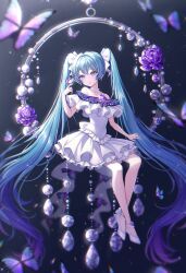 Rule 34 | 1girl, absurdly long hair, absurdres, aqua eyes, aqua hair, bare shoulders, blue background, blue hair, bow, bug, butterfly, closed mouth, collarbone, dress, flower, footwear bow, frilled dress, frills, full body, gem, gradient hair, hair bow, hand up, hatsune miku, high heels, highres, insect, iyar, jewelry, long hair, looking at viewer, multicolored hair, necklace, off-shoulder dress, off shoulder, pumps, purple butterfly, purple flower, purple hair, purple rose, rose, sitting, smile, solo, twintails, very long hair, vocaloid, white bow, white dress, white footwear