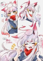 1girl akari_(pokemon) akari_(pokemon)_(cosplay) animal_ear_fluff animal_ears black_sash blush closed_eyes cocoa_s3 cosplay eyelashes fang galaxy_expedition_team_survey_corps_uniform grey_jacket highres hisuian_zoroark hisuian_zorua jacket long_hair multicolored_hair nintendo open_mouth pokemon pokemon_legends:_arceus red_hair red_scarf sash scarf sharp_teeth shirt sidelocks simple_background solo teeth two-tone_hair upper_body white_background white_hair yellow_eyes