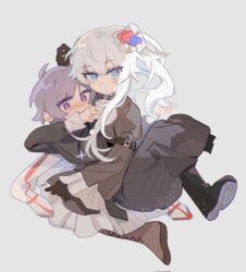 1boy 1girl black_boots black_gloves blue_eyes blush boots brown_boots covered_mouth expressionless gloves grey_background haku_eckaran happy_saint_sheol highres looking_to_the_side okamo_(oakm071) on_lap ponytail purple_eyes purple_hair securett_rafe sweatdrop white_hair
