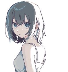 Rule 34 | 1girl, asleep onthebed, backlighting, blue eyes, crossed bangs, grey hair, highres, looking at viewer, original, pixel art, short hair, sleeveless, solo, tank top, upper body, white background