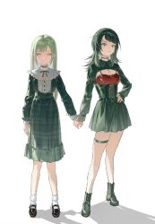 2girls bang_dream! bang_dream!_it&#039;s_mygo!!!!! black_boots black_choker black_corset black_dress black_shrug blue_eyes boots breasts camisole chinese_commentary choker cleavage closed_mouth commentary_request corset dress frilled_choker frills full_body green_hair green_ribbon hair_ornament hairclip hand_on_own_hip highres holding_hands inumi_(780956) long_sleeves medium_hair multiple_girls neck_ribbon plaid_clothes red_camisole ribbon shrug_(clothing) standing thigh_strap wakaba_mutsumi yahata_umiri yellow_eyes