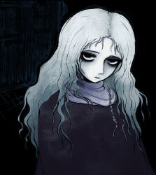 1girl 3: black_background black_eyes black_eyeshadow braid canvas_texture cloak closed_mouth colored_skin commentary crimescenepartz dark dark_background empty_eyes english_commentary eyeshadow faux_traditional_media frown girl_(tenshi_no_tamago) highres jitome long_hair looking_at_viewer makeup no_pupils nose nose_shade parted_hair purple_scarf scarf side_braid sketch_background solo tenshi_no_tamago_(anime) upper_body white_hair white_skin