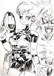 1girl 2boys absurdres blank_eyes blqueen breasts broly_(dragon_ball_super) character_request cheelai cowboy_shot dragon_ball gun hand_up highres holding holding_gun holding_weapon monochrome multiple_boys open_mouth scouter smile tight_clothes traditional_media weapon