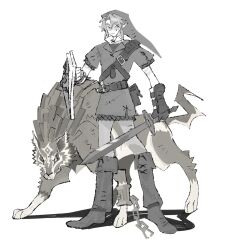 Rule 34 | armor, boots, broken, broken chain, chain, chainmail, clenched teeth, dual persona, fingerless gloves, full body, gloves, greyscale, hair between eyes, highres, holding, holding shield, holding sword, holding weapon, jaysoysaucee, link, male focus, monochrome, nintendo, phrygian cap, pointy ears, sharp teeth, shield, short hair, sidelocks, swept bangs, sword, teeth, the legend of zelda, the legend of zelda: twilight princess, tunic, vambraces, weapon, white background, wolf, wolf link