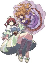 2girls ankle_strap blue_eyes blush braid breasts brown_hair brown_sash brown_socks center_frills cleavage dress emma_verde floating freckles frills fur-trimmed_legwear fur_trim green_shoes green_skirt high-waist_skirt high_heels kneehighs konoe_kanata large_breasts long_hair long_skirt looking_at_viewer love_live! love_live!_nijigasaki_high_school_idol_club low_twin_braids medium_hair multiple_girls pumps purple_dress purple_eyes see-through_dress_layer shirt shoes simple_background skirt smile socks three-quarter_sleeves transparent_background twin_braids underbust waste-man white_shirt