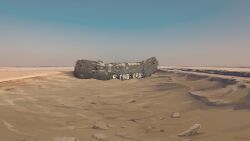 beached_ship blue_sky cargo_ship container_ship day desert egypt ever_given_(evergreen) evergreen_marine_corporation no_humans outdoors riverbed rock ruins shapoco ship shipwreck sky suez_canal watercraft