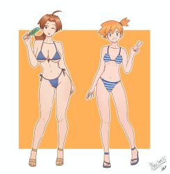 2girls bare_shoulders bikini blue_bikini blush breasts brown_hair cleavage collarbone creatures_(company) delia_ketchum feet female_focus food full_body game_freak green_eyes hair_between_eyes holding ice_cream large_breasts legs long_hair looking_at_viewer misty_(pokemon) multiple_girls navel neo_san nintendo one_eye_closed open_mouth orange_hair outdoors pokemon pokemon_(anime) pokemon_(classic_anime) ponytail sandals shirt short_hair side_ponytail sky small_breasts smile standing striped_clothes swimsuit thighs thong thong_bikini wide_hips wink