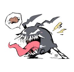 boned_meat digimon digimon_(creature) food full_body fusion highres marvel meat sharp_teeth simple_background slayer_dramonz spoken_food teeth tokomon tongue tongue_out venom_(marvel) white_background
