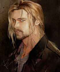 1boy beard black_background black_jacket blonde_hair blue_eyes brad_pitt collared_shirt facial_hair grey_shirt hair_behind_ear highres jacket long_hair looking_at_viewer male_focus parted_lips portrait real_life realistic ror4 shirt solo upper_body