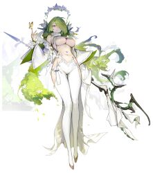 Rule 34 | 1girl, absurdres, asymmetrical bangs, blue eyes, breasts, bug, butterfly, butterfly on hand, cleavage, closed mouth, covered groin, flower, full body, gold shoes, green hair, groin, hair over one eye, highres, holding, holding staff, insect, large breasts, long hair, looking at viewer, mage staff, navel, original, pantyhose, paringgg, revealing clothes, shoes, solo, staff, thigh gap, underboob, very long hair, white flower, white pantyhose, wide sleeves, zoom layer