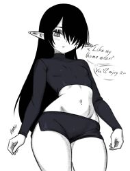 Rule 34 | 1girl, asymmetrical bangs, breasts, commentary, crop top, english commentary, english text, eyelashes, graphicthereal, greyscale, hair over one eye, highres, long hair, midriff, mole, mole on stomach, monochrome, navel, original, parted bangs, pointy ears, short shorts, shorts, signature, small breasts, solo, speech bubble, standing, thighs